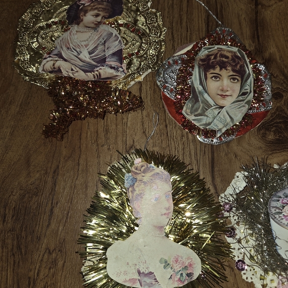 Vintage ChristmasTree Ornament  Scrap Paper Victorian Women Tinse Tin Foil - Picture 5 of 6
